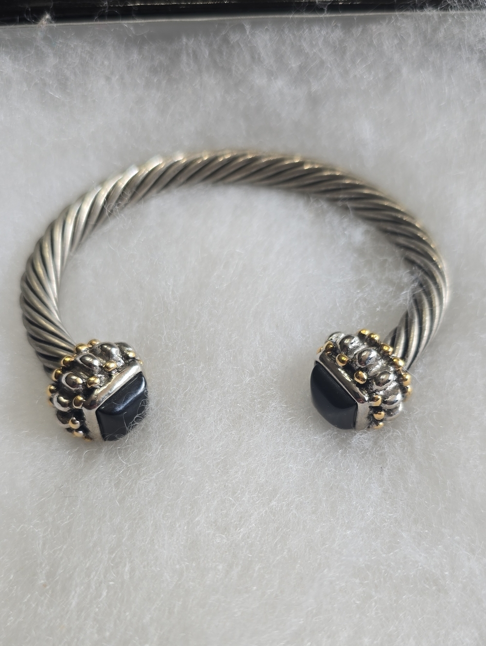 Sterling-Tone Twisted Cable Cuff Bracelet with Black Stone Accents